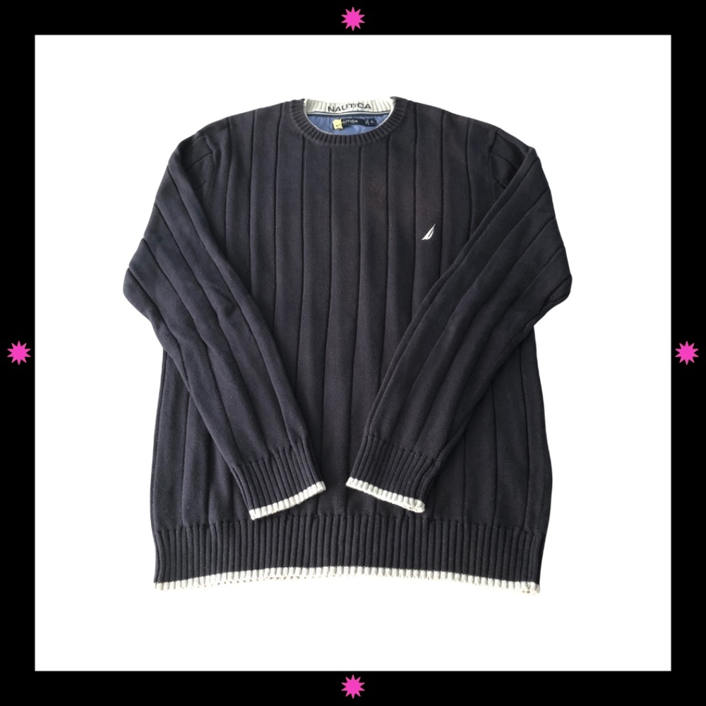 MEN’S NAVY BLUE SWEATER WITH WHITE TRIM ON CUFFS, NECK & BOTTOM BY NAUTICA XL